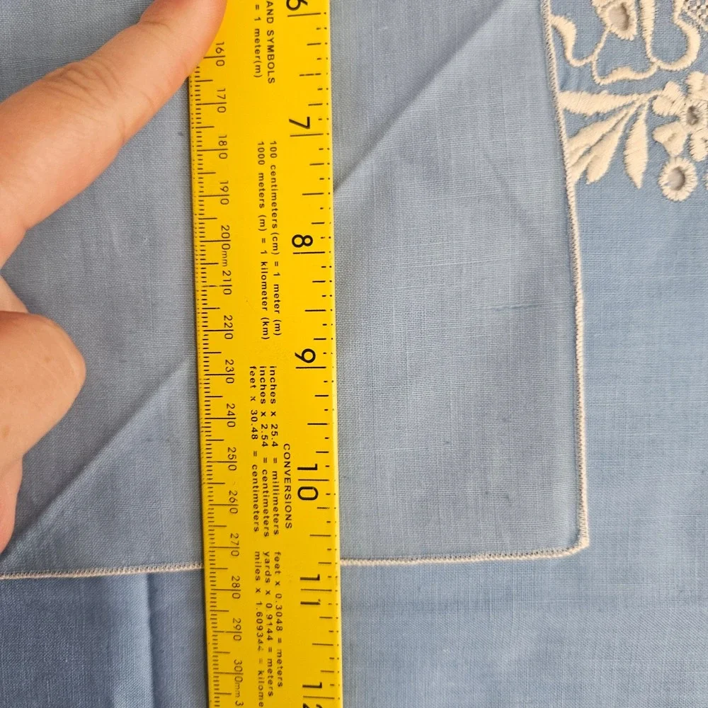 Vintage Blue Tablecloth Runner Napkin Set Floral‎ Embroidery Eyelet Lace 4pc